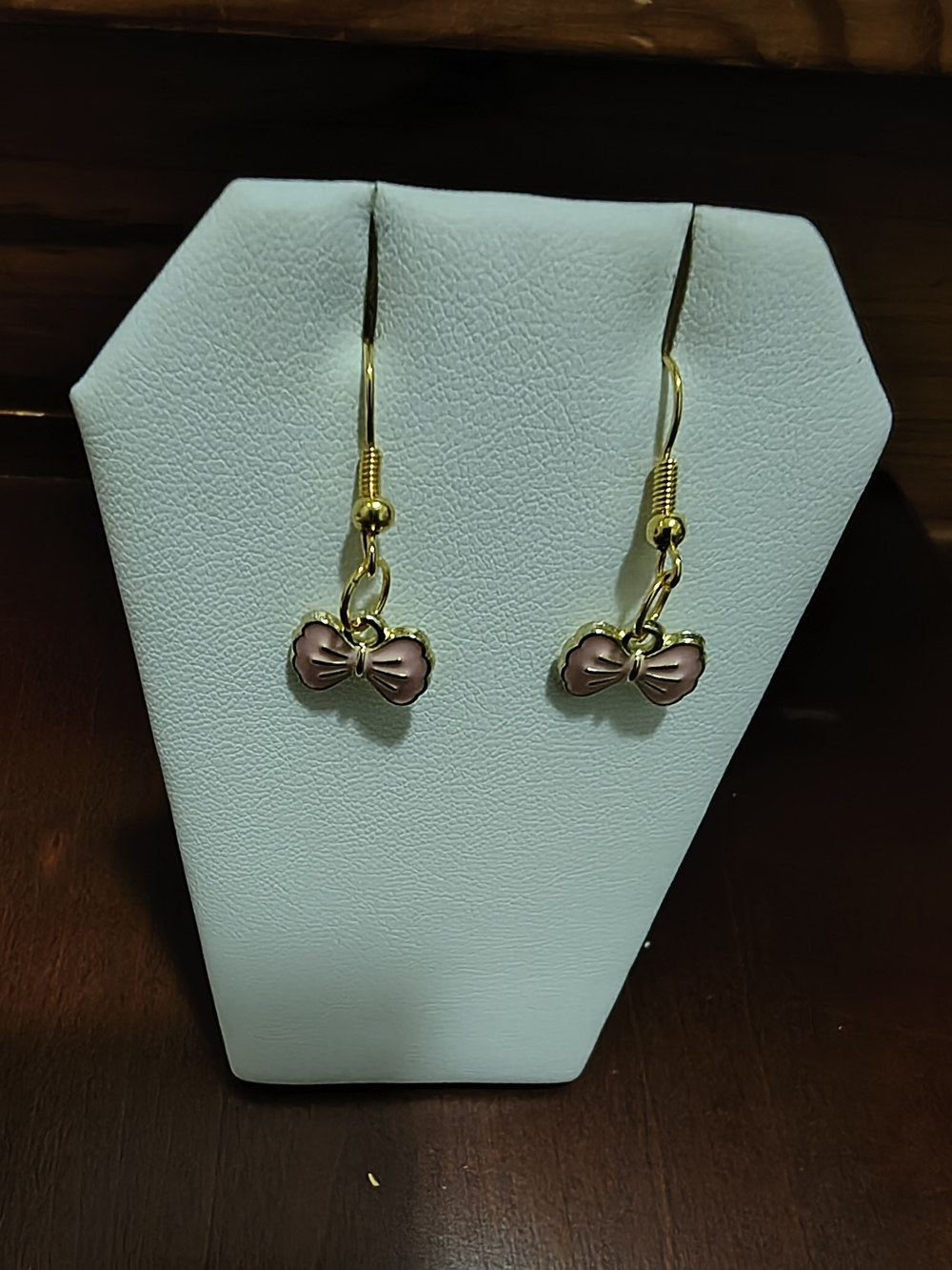 Hand Crafted Gold & Pink Bow Drop Earrings